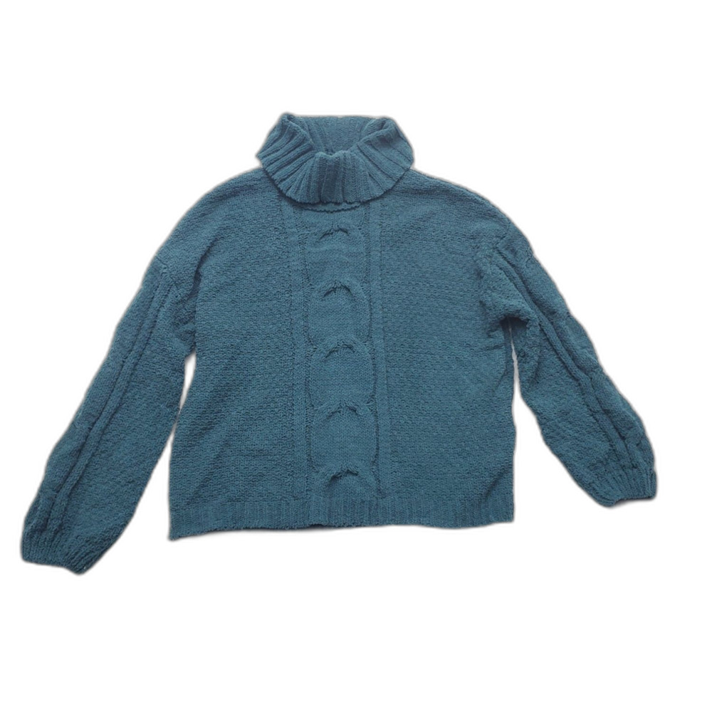Cable Knit Turtleneck Sweater Womens L Teal Pullover Long Sleeve Ribbed Trim